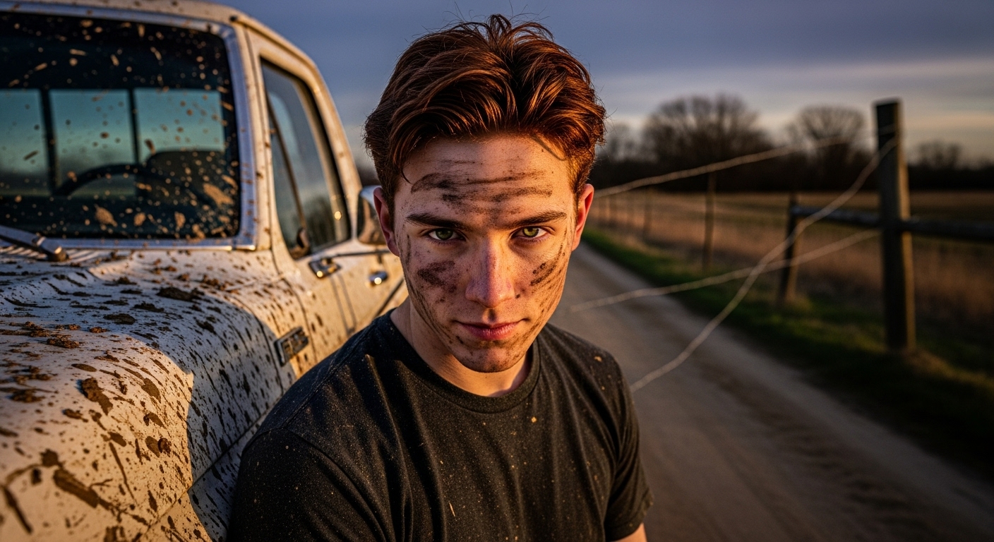 A young man with mud-streaked face and rust-coloured hair leans against a muddy pickup truck on a rural road at dusk.