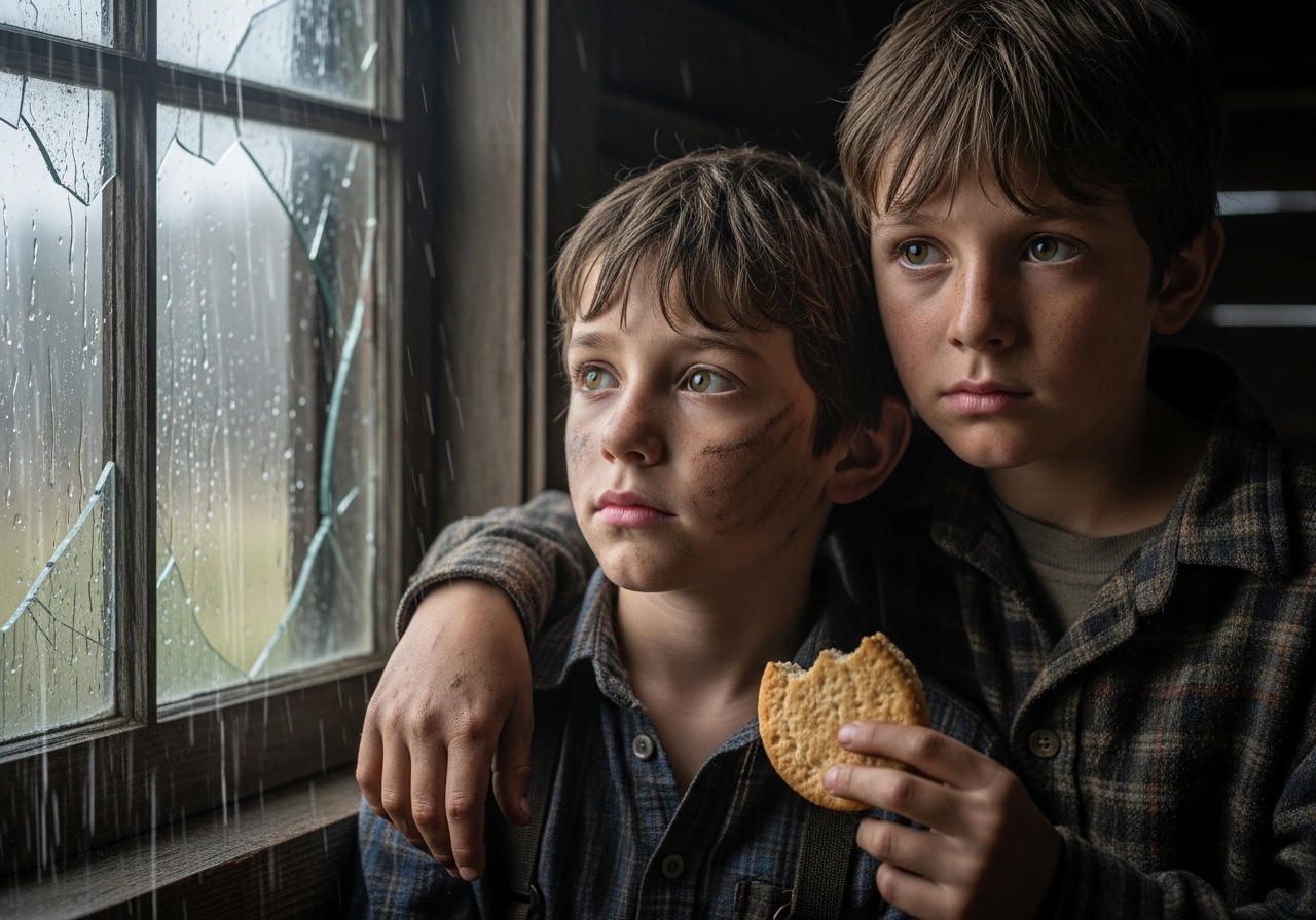 Two boys huddle in a rain-streaked cabin, sharing a biscuit, their faces thoughtful.
