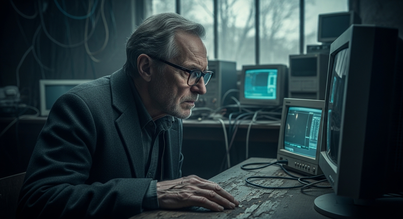 Senior man, Edmund, intensely focused on a glowing computer screen in a dim, cluttered workshop, with grey spring slush visible outside a window.