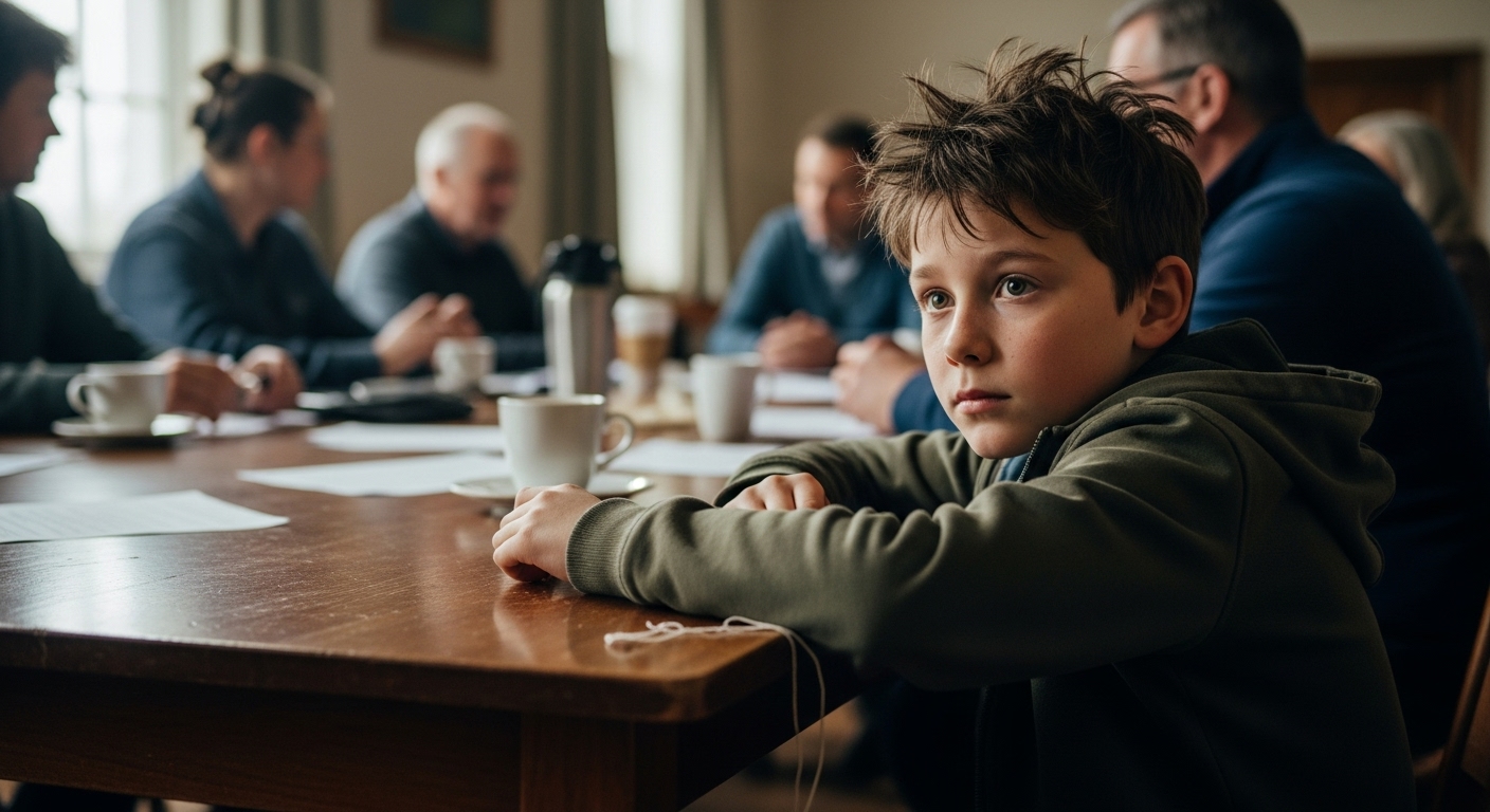 A young boy observes an adult community meeting from the edge of the room.