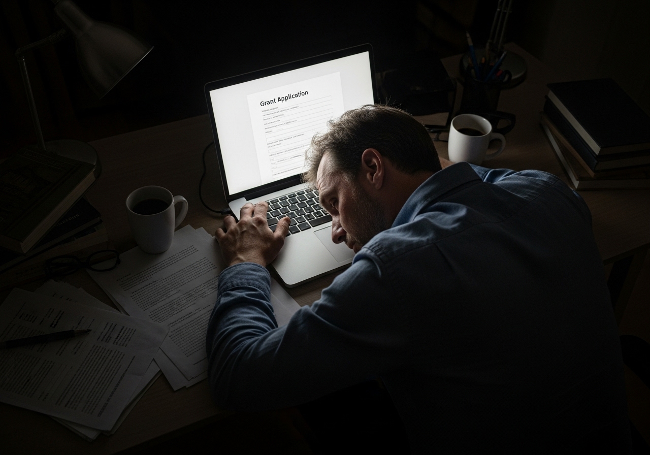 A tired man works late at his messy desk, lit only by his laptop screen, as he struggles with a difficult document.
