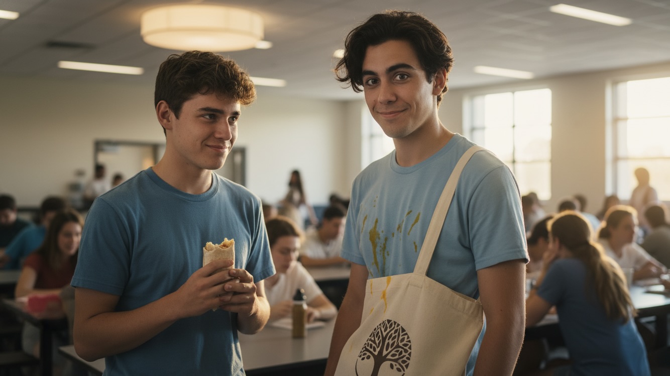 Two young men in a university cafeteria, one with orange juice spilled on his shirt looking at the other, who is apologizing.
