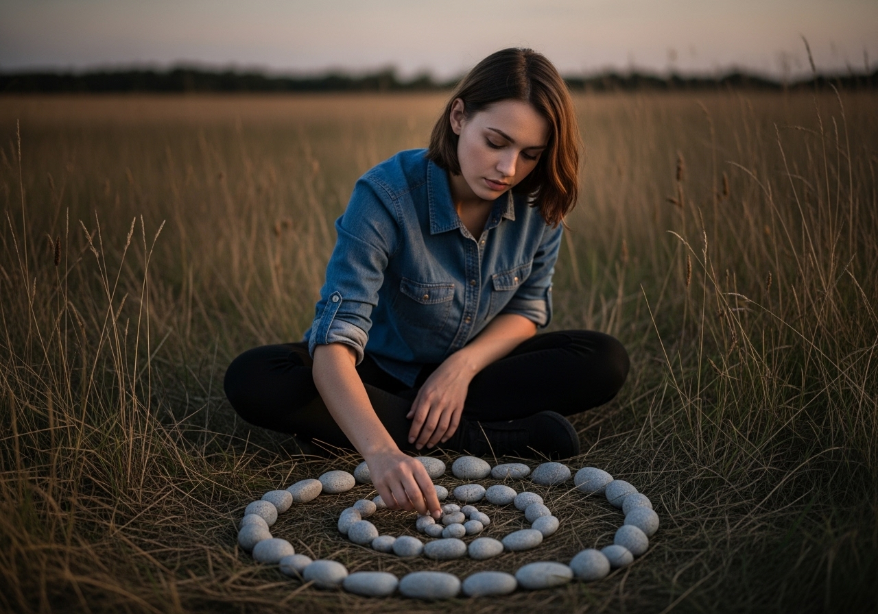A young woman sits in a dry grass field at sunset, arranging stones in a complex pattern.