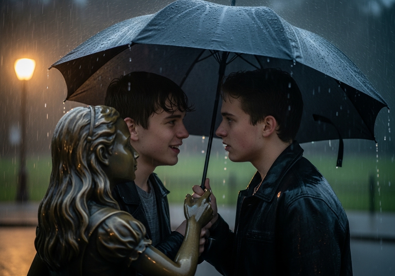 Two teenage boys share an umbrella in a downpour, standing close but emotionally distant near a rain-slicked statue.