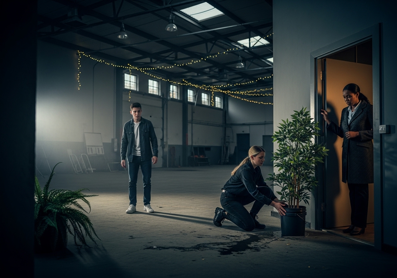 A man and a woman frantically trying to solve problems in a chaotic event space as a potential donor arrives unexpectedly early.