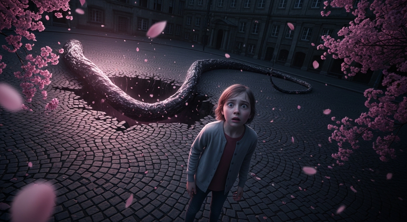 A child stands terrified as a dark, shimmering tendril emerges from a fissure in cobblestones amidst a whirlwind of cherry blossoms.
