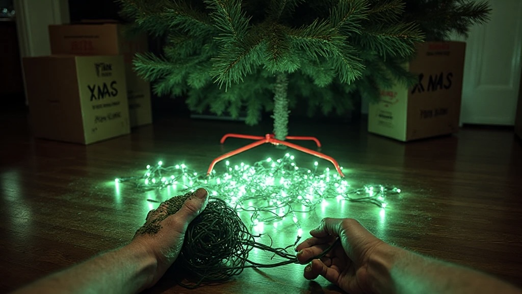 A chaotic living room scene showing a partially decorated Christmas tree and a person's sap-covered hands struggling with tangled lights.