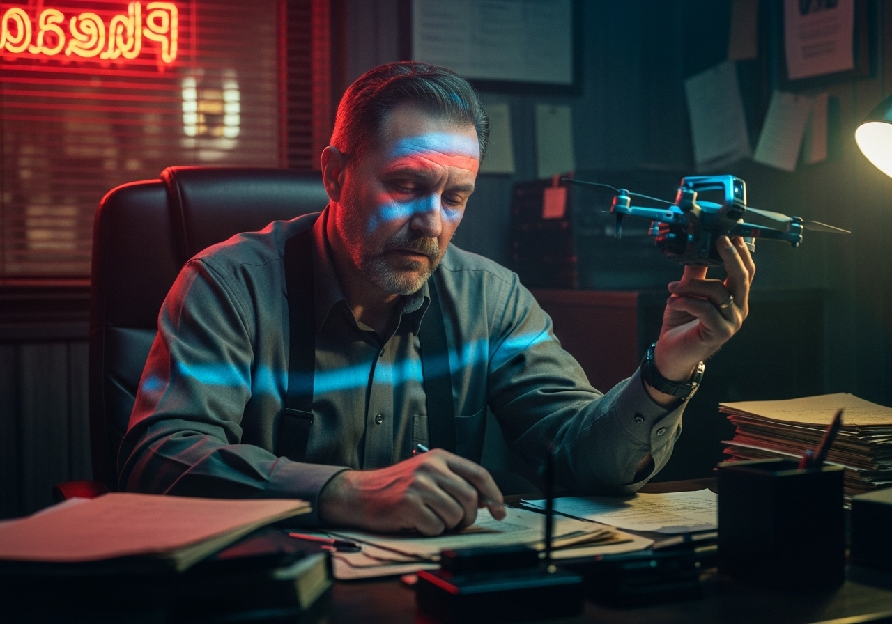 A private investigator sits in his dark, neon-lit office at night, holding a small, high-tech drone.