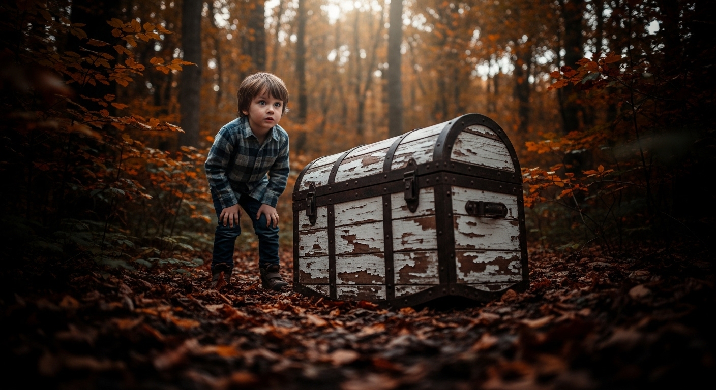 A small child, Pete, stares fearfully at a large, rocking wooden clown's trunk hidden among autumn leaves in a forest.