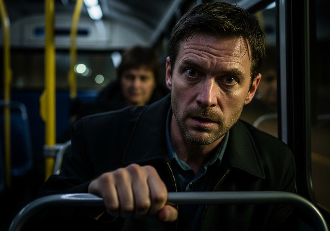 A paranoid man on a bus at night, his face illuminated by passing headlights as he stares intensely towards the front of the bus.