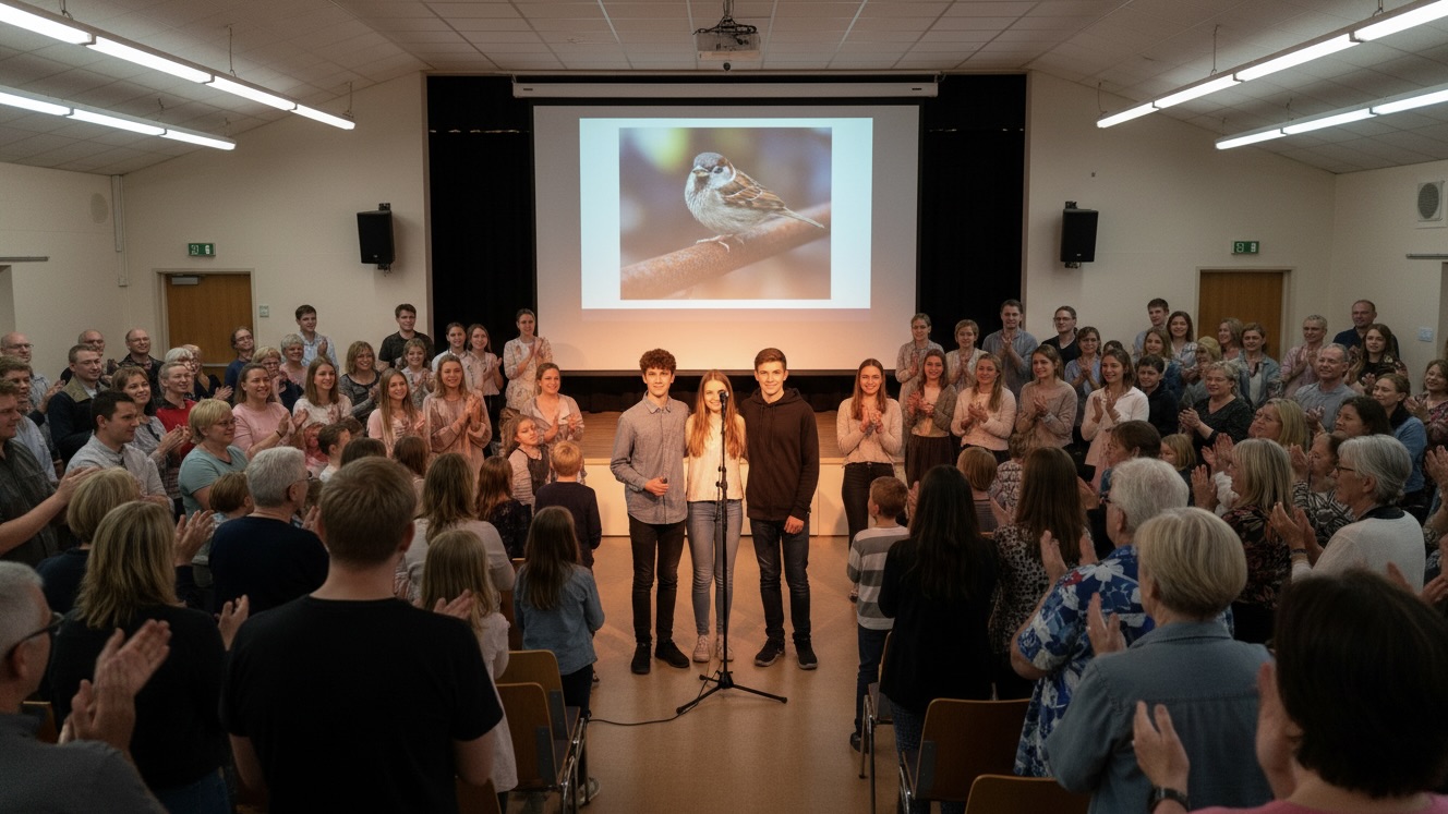 A photograph of a diverse crowd in a brightly lit community hall applauding three young people on stage, who are presenting a project with a large photo of a sparrow projected behind them.