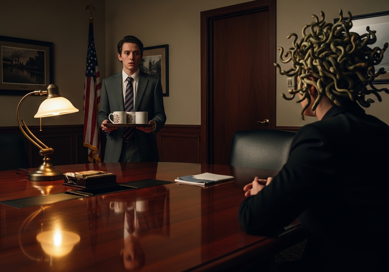 A young intern stares in shock, his reflection warped in a table that also reflects a woman with snakes for hair.
