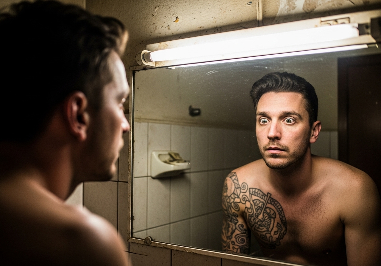 A man looks in a dirty mirror and sees a stranger's tattooed face staring back at him.