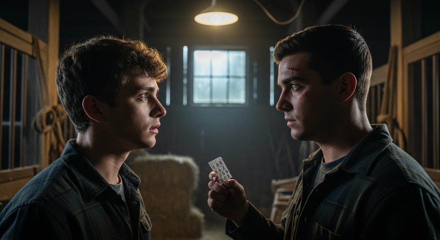 Two young men, Caleb and Owen, in a dimly lit barn, exchanging a tense gaze, Owen holding a coded paper.