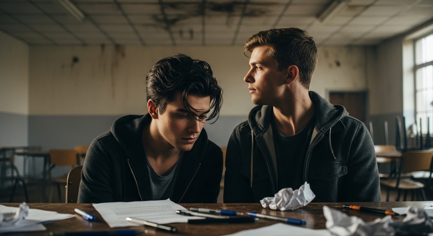 Two young adults, August and Patti, uncover a strange, rusted contraption in a junkyard bordering an autumn forest.