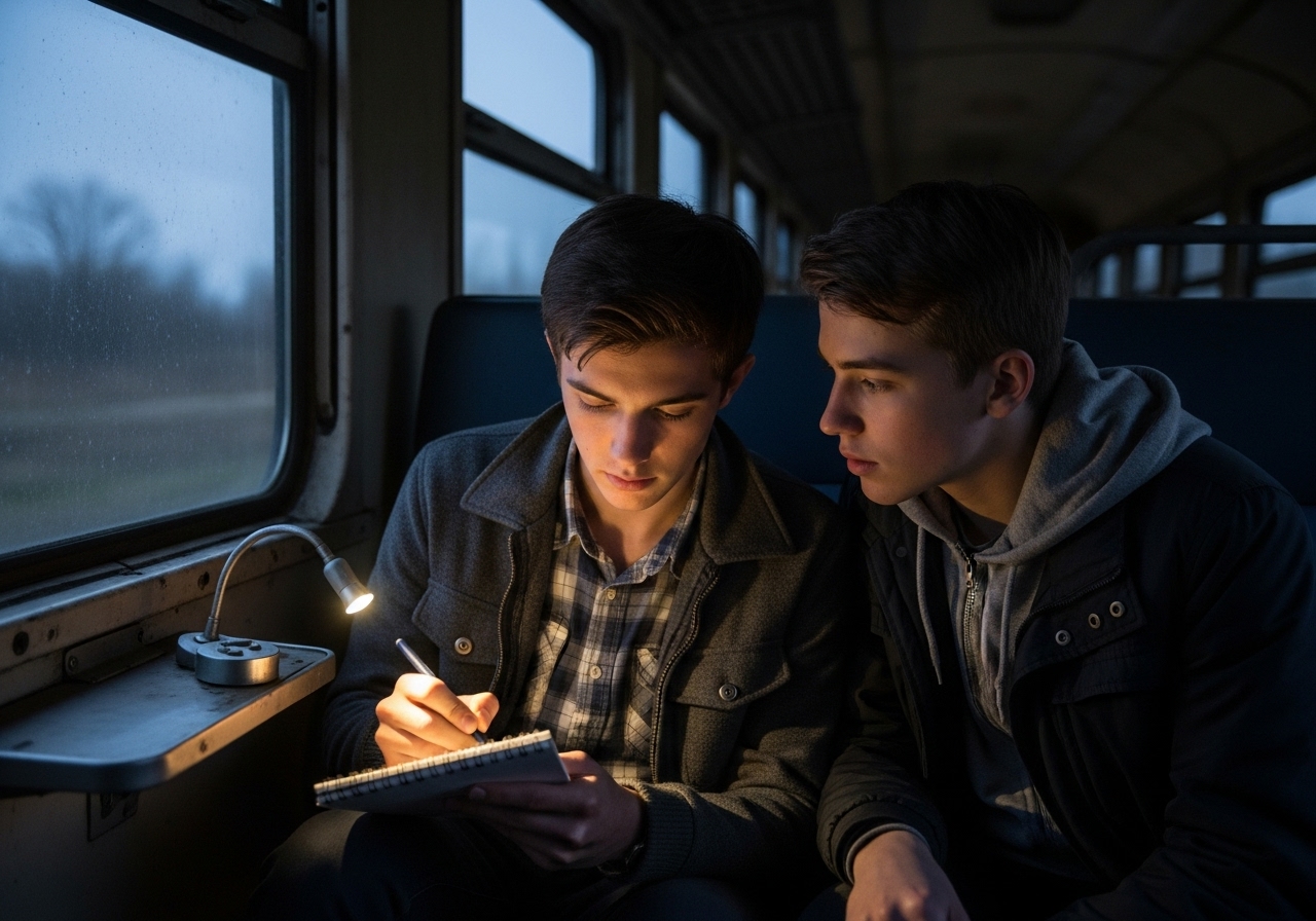 Two teenage graffiti artists, rivals, share a quiet moment hiding inside an old, abandoned train car.