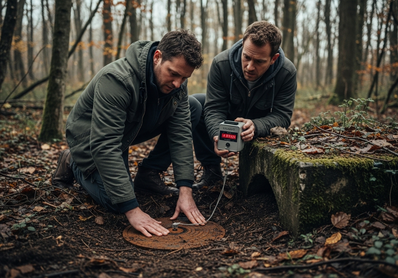 Two men, John and Ben, in a gloomy, decaying autumn forest, inspecting a buried, rusted metal plate with a glowing Geiger counter.