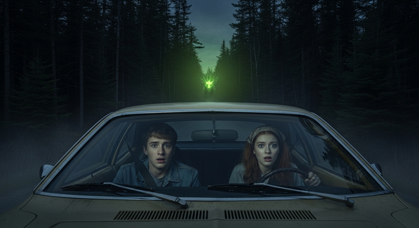 Two terrified teenagers in a broken-down car at night, staring at a pulsing green light in a dark forest.
