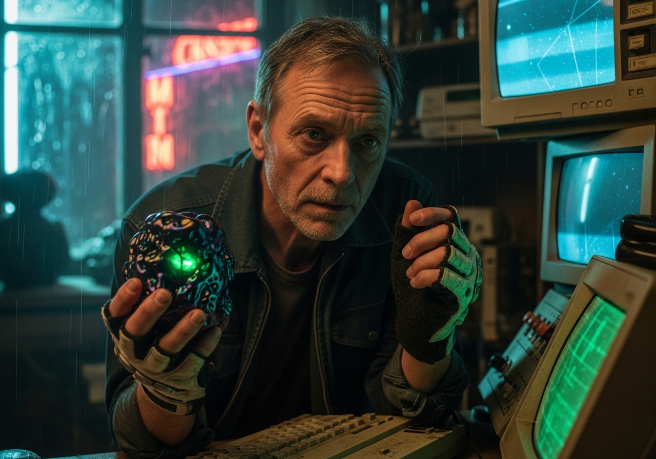 A senior man with haptic gloves holds a glowing, organic data shard in a dim cyberpunk apartment.