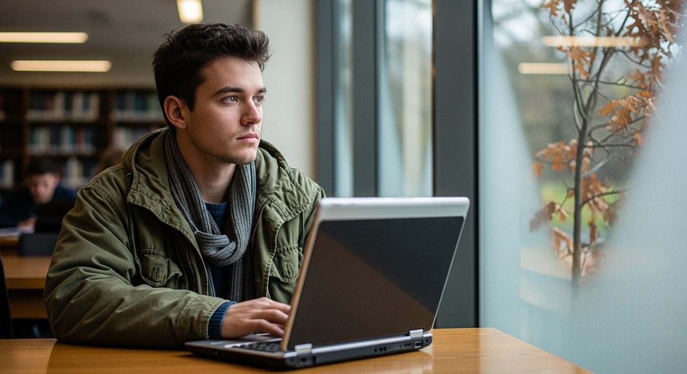 A young man sits contemplatively in a library, looking out a window at an autumn tree.
