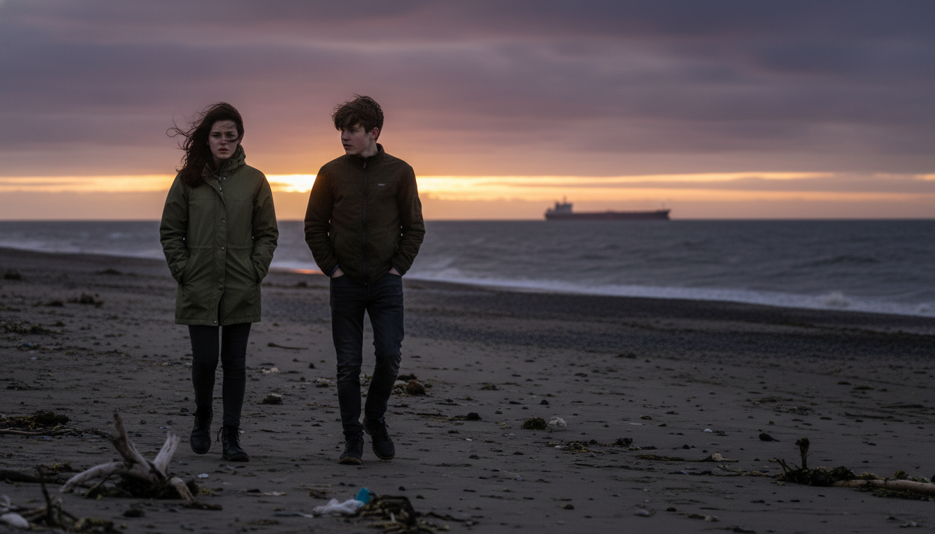 Two teenagers, Lena and Sam, stand on a desolate, stormy beach at dusk, deep in conversation. Lena looks distressed, while Sam gazes out at the dark ocean, a small, broken stone in his hand.