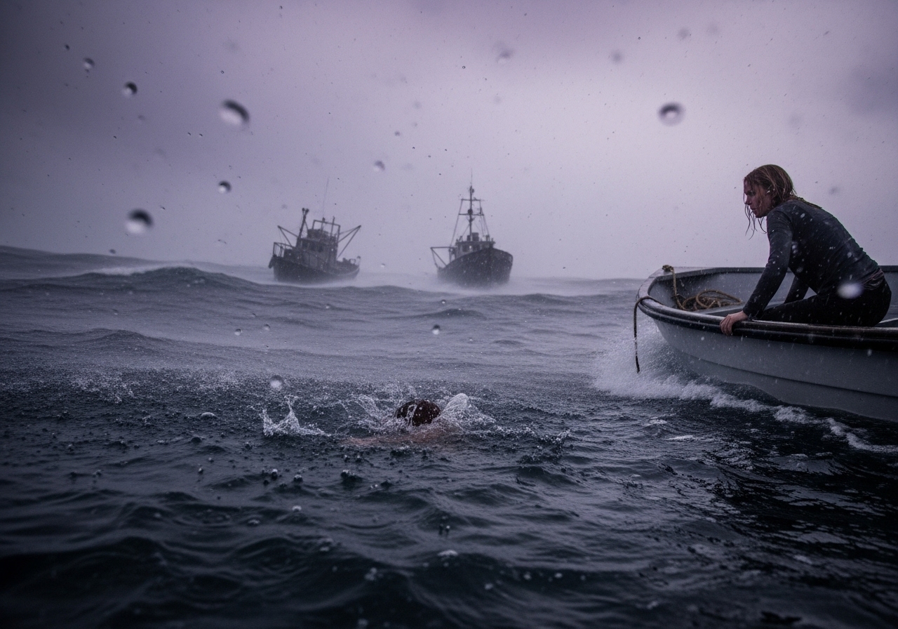 A lone woman on a small boat stares out at a stormy sea where another boat is visible in the distance.