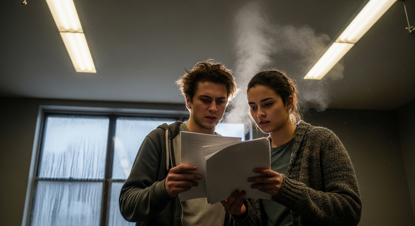 Two young actors, Casey and Jack, intensely review a script in a cold, dusty rehearsal room.