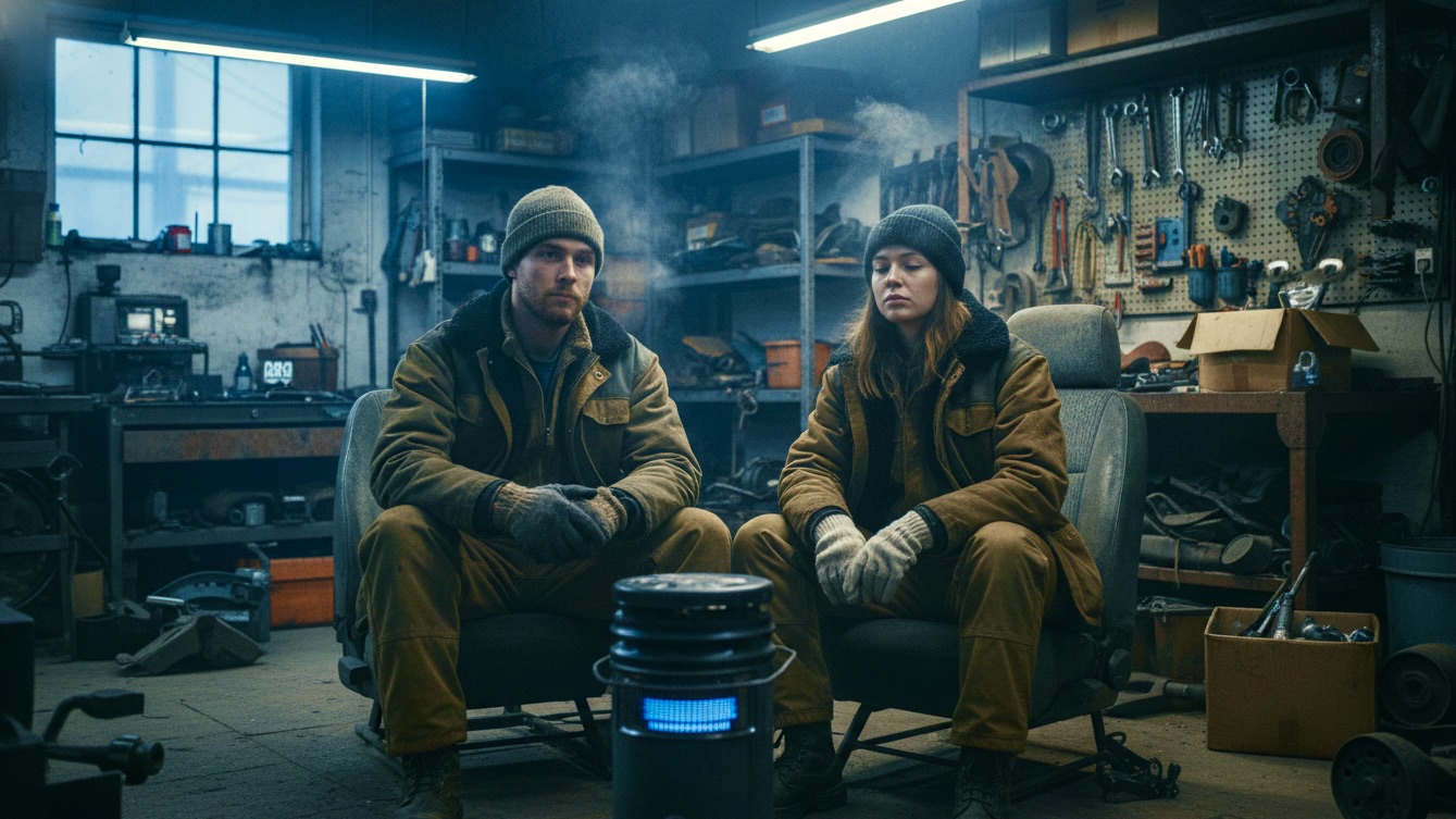 Two young artists sitting in a freezing garage workshop in winter, huddled near a heater.