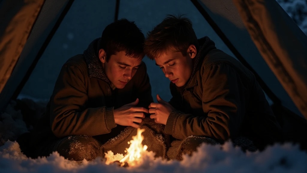Two teenage boys huddle for warmth around a tiny fire inside a canvas tent in a snowy boreal forest at twilight.