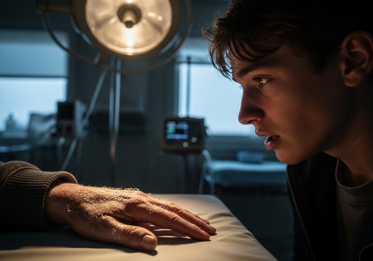 A teenage medic intently examines a patient's hand, covered in strange, glowing crystalline patterns, under dim emergency lights in a remote clinic.