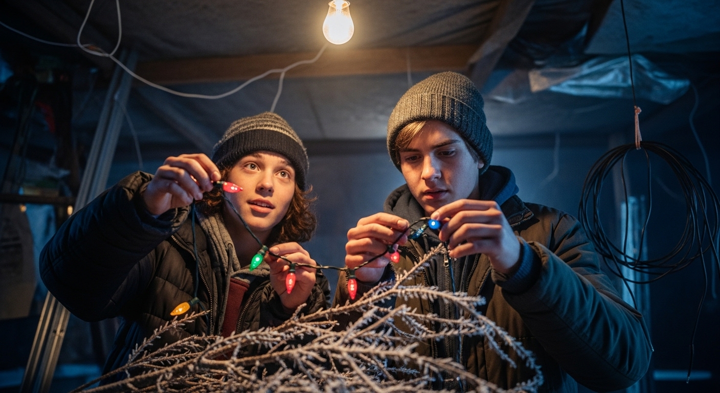 Two teenagers in a dimly lit, makeshift shelter, stringing salvaged Christmas lights onto a skeletal tree branch, their faces illuminated by the faint glow.