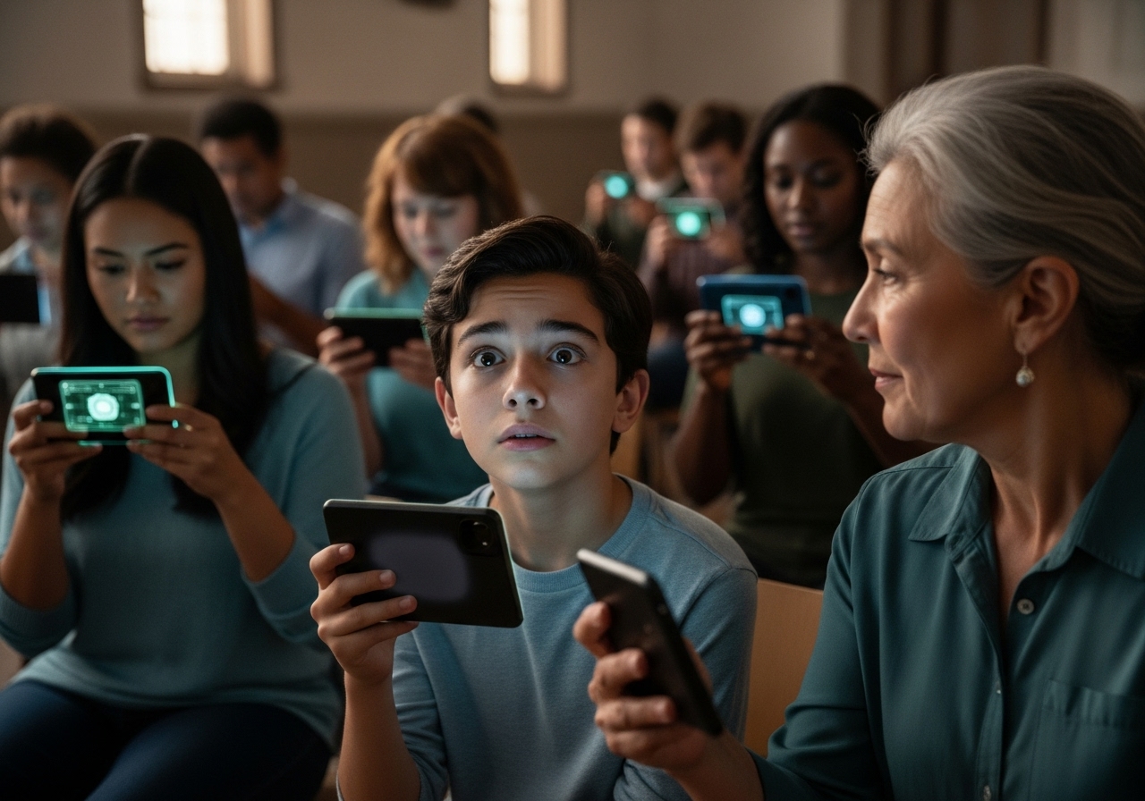 People in a softly lit communal space looking up from their dark digital devices after an unexpected system glitch.