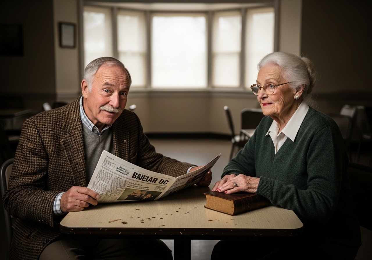 Two seniors, Daniel and Andrea, sharing a newspaper and a moment of connection at a table.
