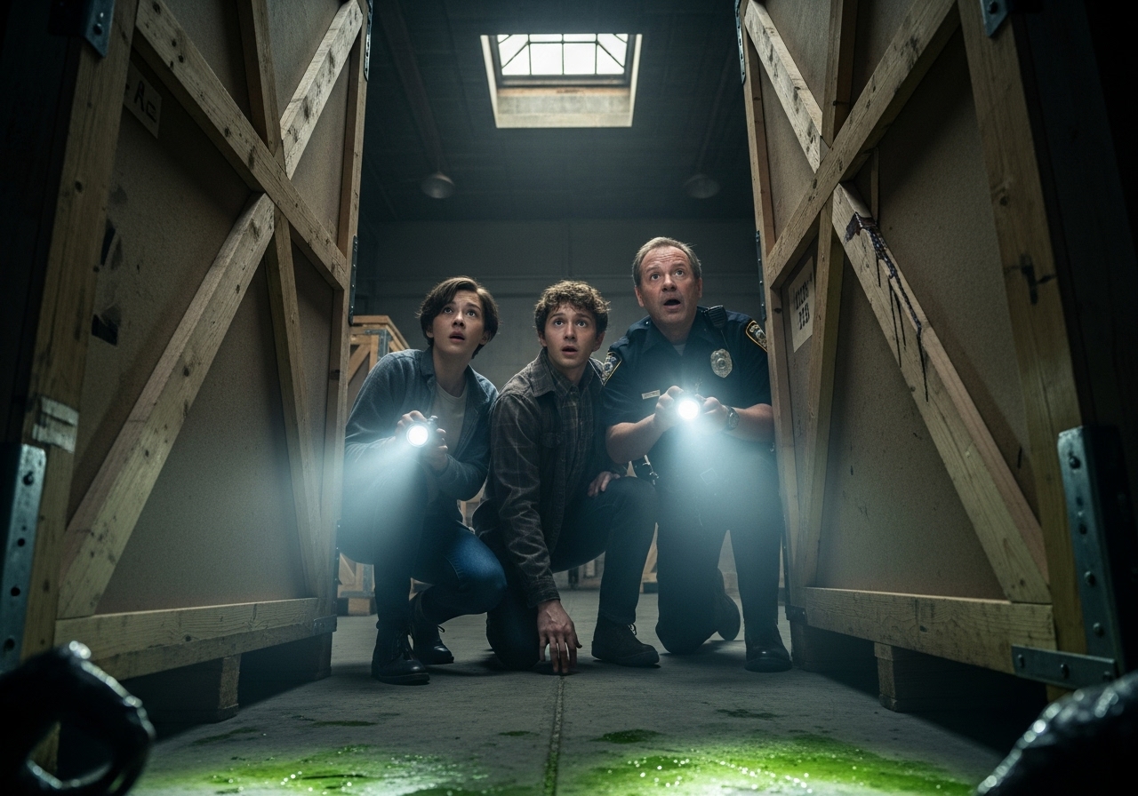 Three survivors, caught between a horde and an unknown monster, gaze desperately at a distant skylight in a dim loading dock.