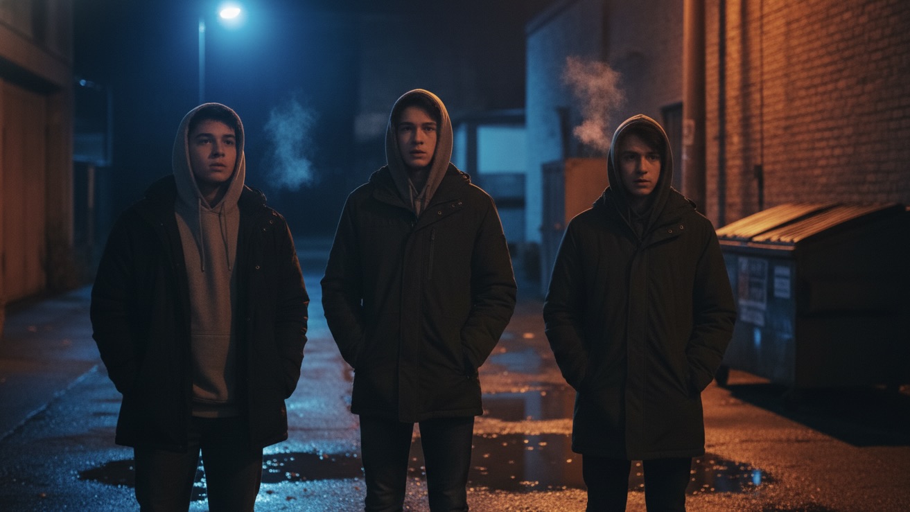 Three teenagers standing in a cold, dark alleyway at night, illuminated by orange streetlights and blue moonlight, discussing their project.