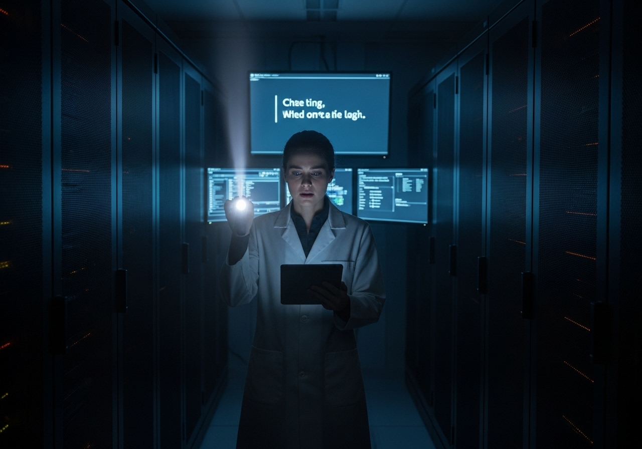 A female scientist in a dark server room stares in horror at a message on a computer screen.