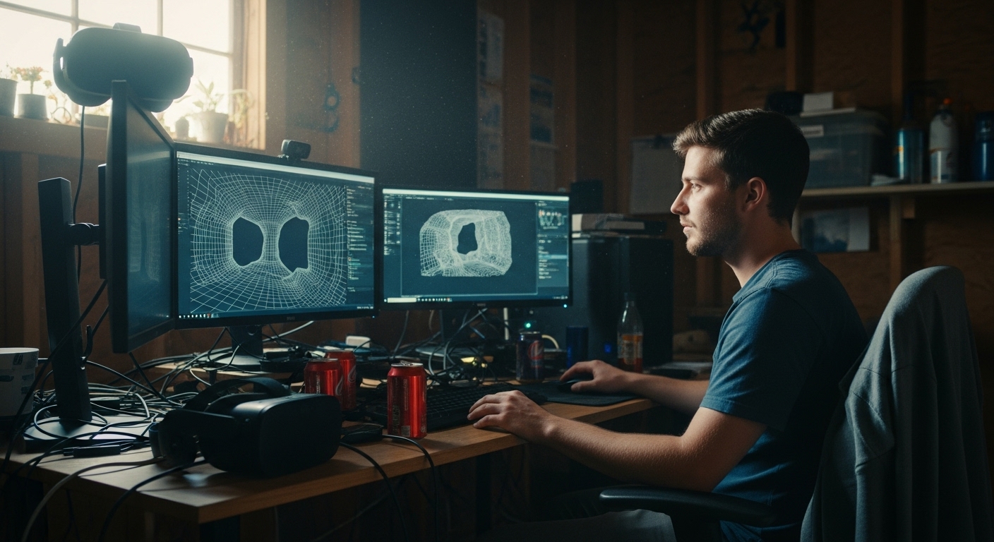 A young man works on a computer in a cluttered garage workshop filled with VR equipment.