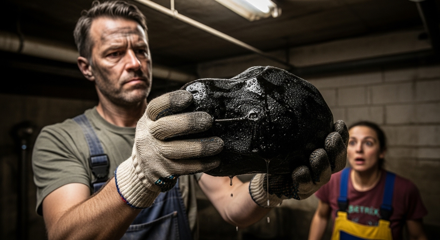 A man in a dusty basement holds a strange, dark, humming object that emits an unnatural cold, while another person watches with wide eyes.