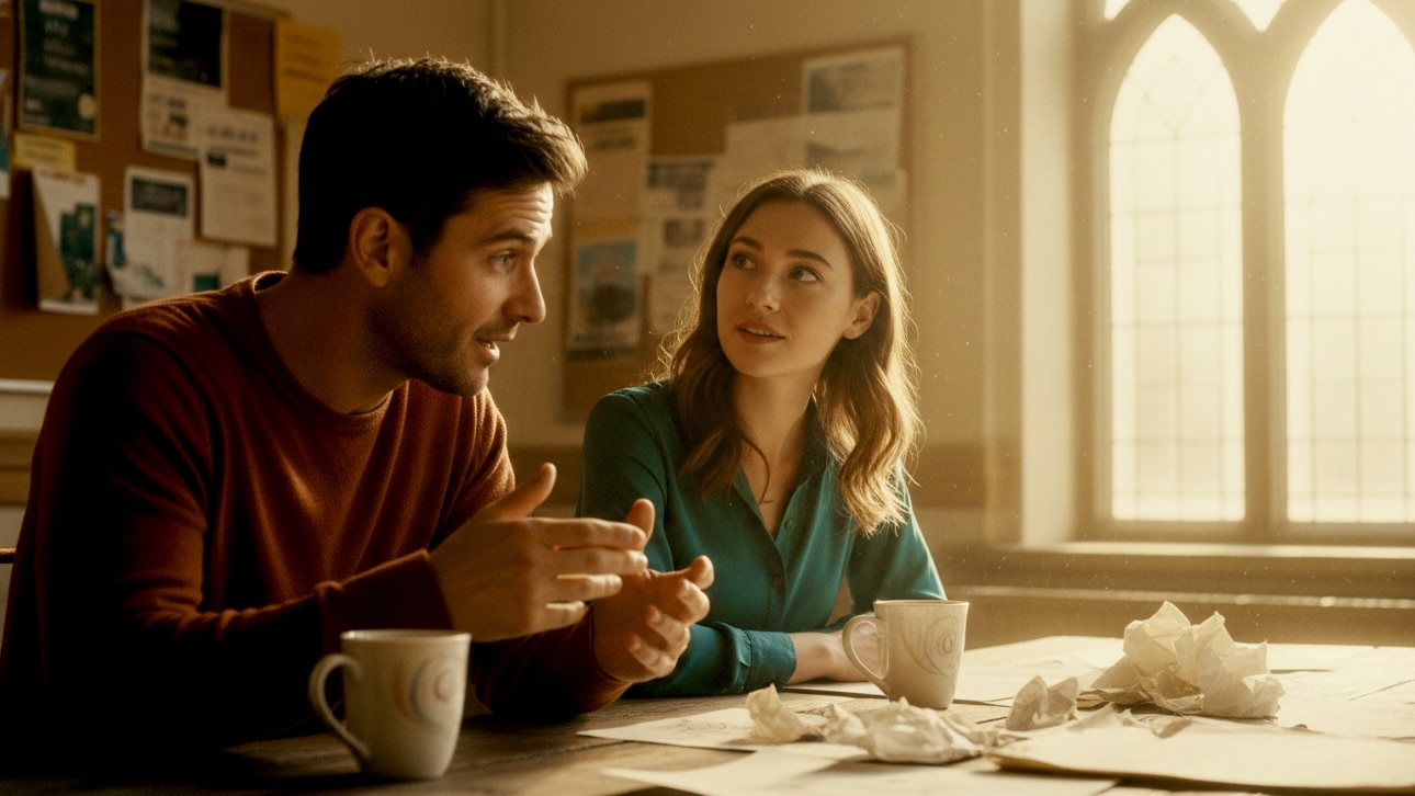Two artists, a man and a woman, in a sunlit community hall, passionately discussing ideas for an art exhibit, with coffee mugs and papers on the table between them.