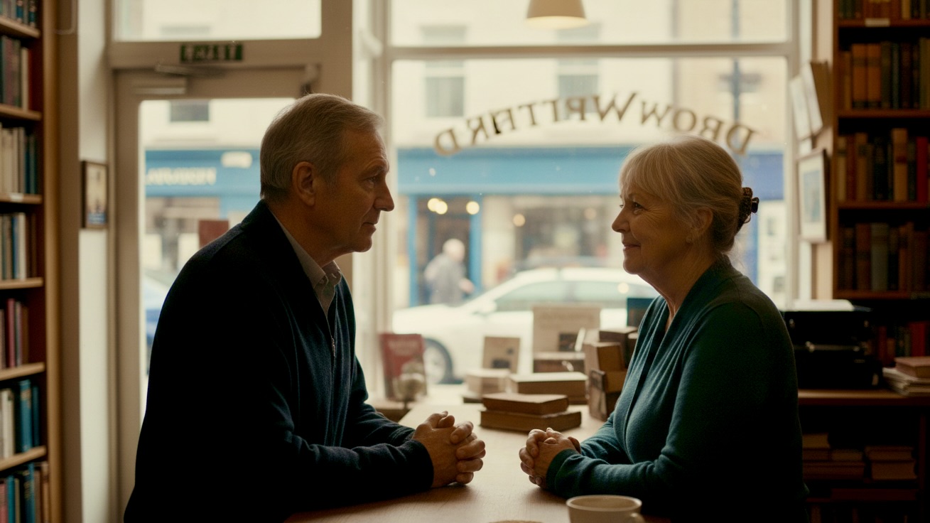 A candid photo of an older man and woman in a sunlit, dusty bookstore, exchanging a warm glance over a coffee counter.