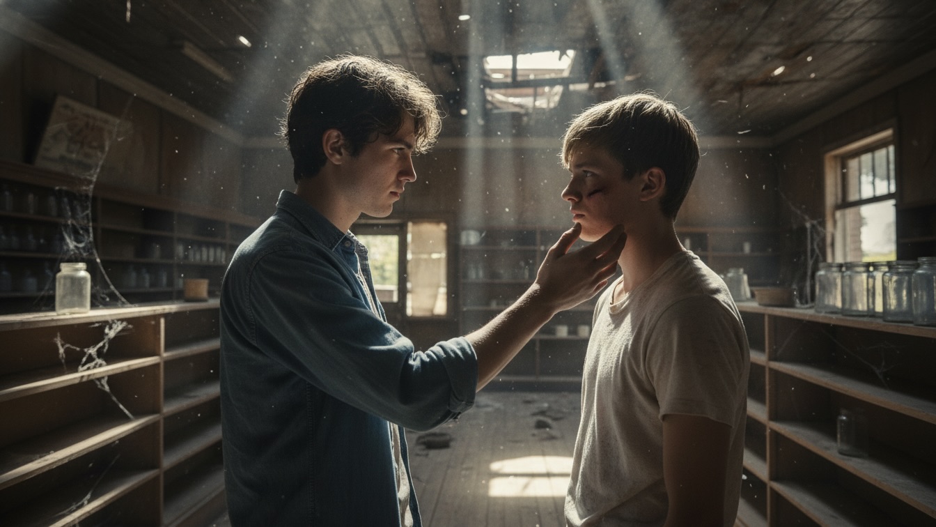 Two teenage boys in a dusty, sunlit abandoned general store. One boy gently touches the bruised cheek of the other. Sunlight streams dramatically from above, highlighting dust motes.