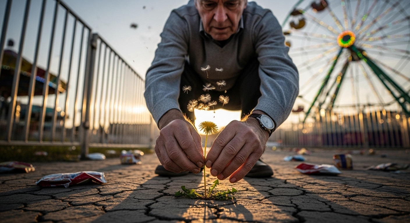 A senior man, Jose, kneels and pulls a dandelion from cracked earth outside a bustling carnival at dusk.