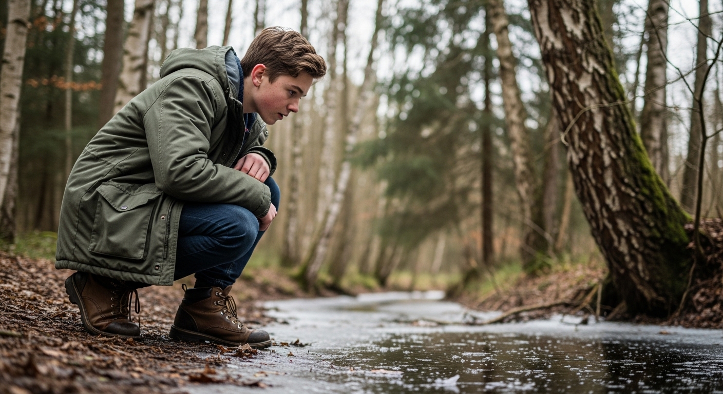 A teenage boy kneels by a partially frozen stream in an early winter forest, peering intently at the water's edge.