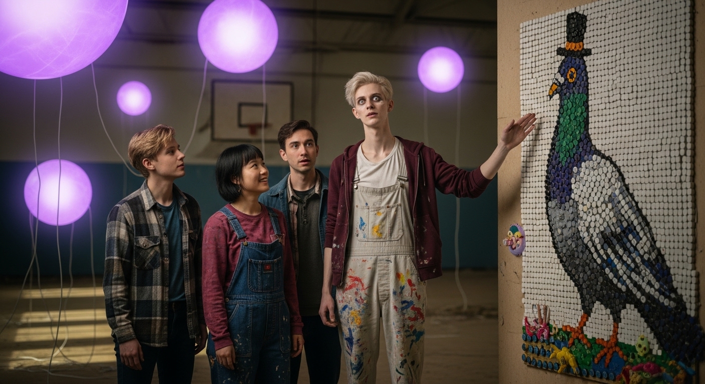 Four young adults stand in an abandoned gymnasium, observing a large, absurd mosaic of a pigeon with a top hat, illuminated by strange glowing orbs.