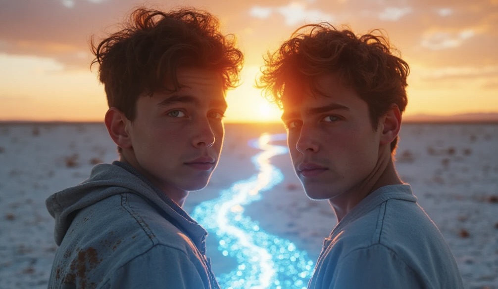 Two young men, Benji and Paul, stand on a dry, cracked alkali flat, observing a strange, glowing blue streak on the ground as the sun sets.