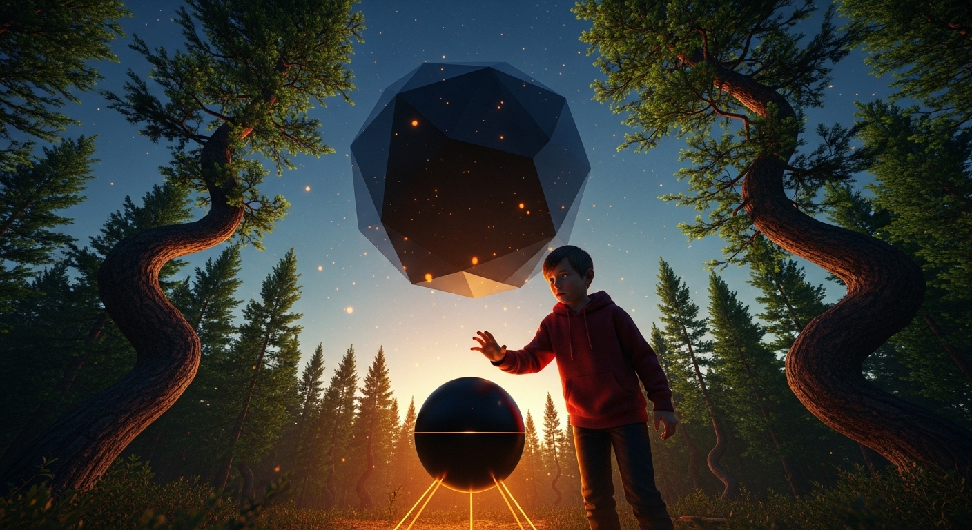 A young boy touching a hovering black sphere in an emerald-lit, warped forest as a vast dark object descends from a cosmic sky.