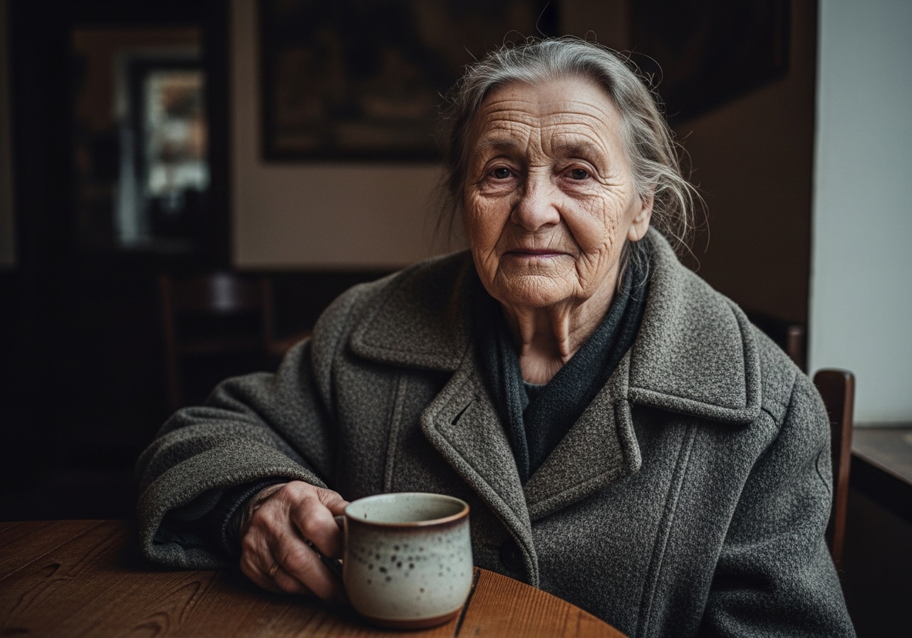 An elderly woman listening intently to a glowing, translucent barista in a dimly lit coffee shop.