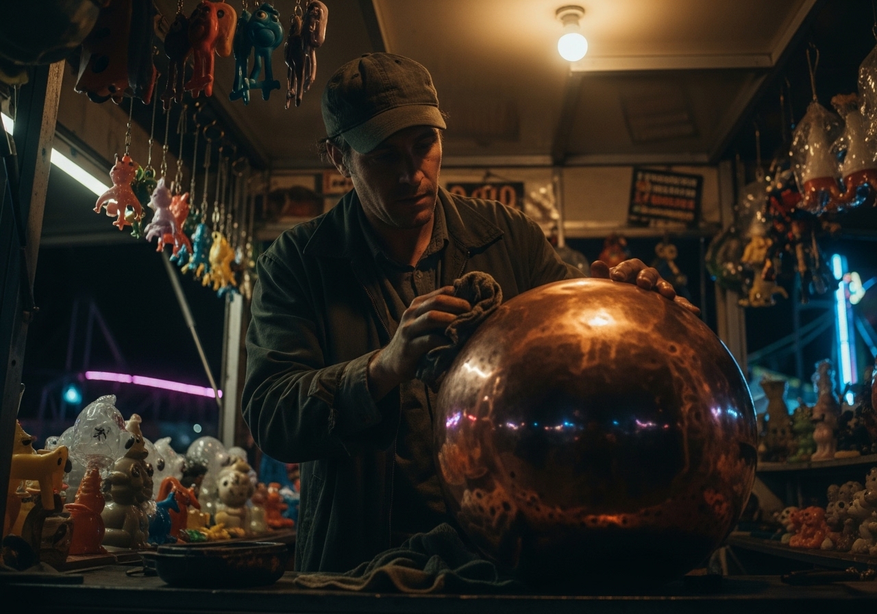 A man in a dimly lit carnival booth at night polishes a large copper sphere.