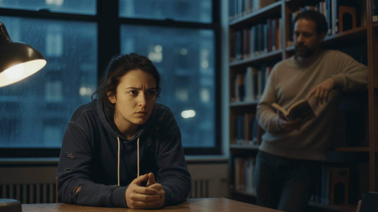 A young woman and a researcher having a serious conversation in a dim library while rain falls outside.