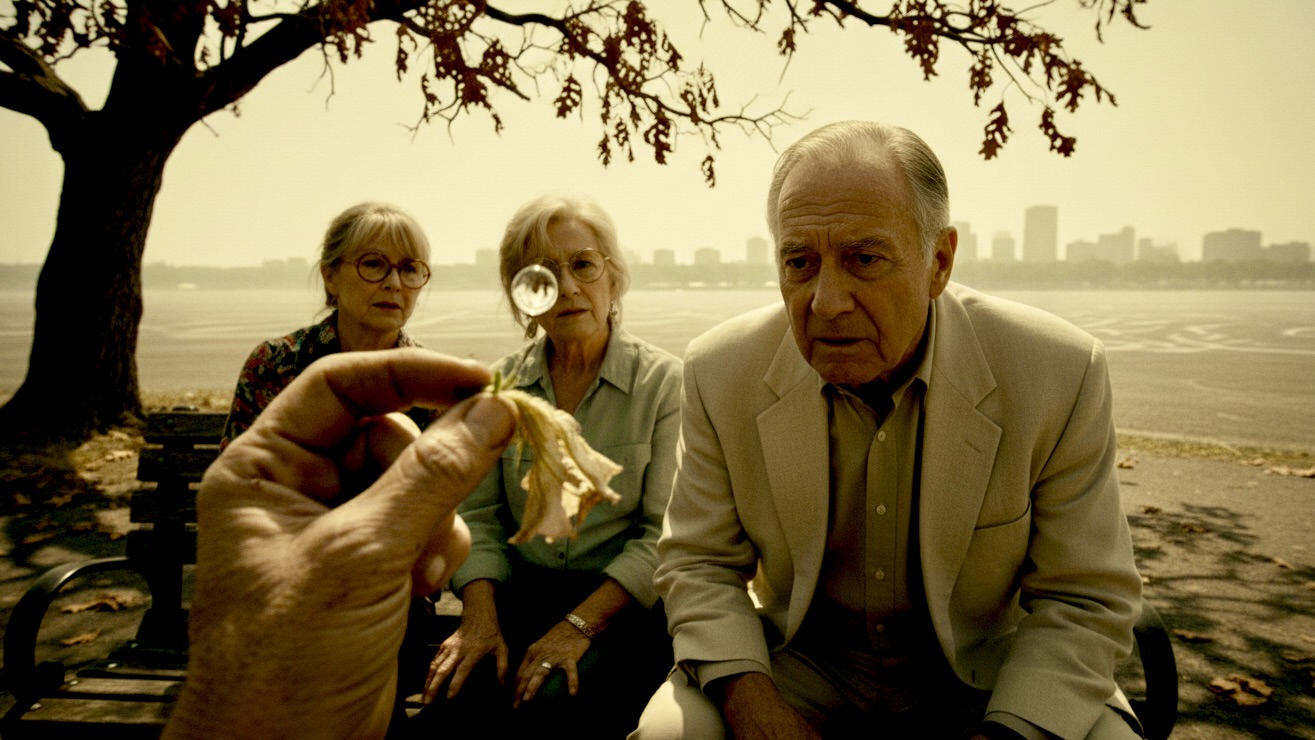 Three elderly individuals—a man in a linen suit, another with earthy hands, and a woman with spectacles—look intently at a single, impossible water drop on a wilting petunia petal in a parched summer park.